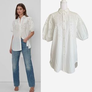 $109 7 For All Mankind Women's White Cotton Hi-Low Puff Sleeve Tunic Top Size XS